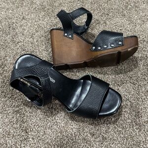 Black Leather Studded Wedge Shoes